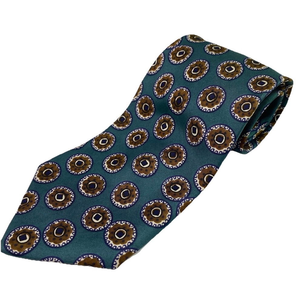 Isaco Mens Necktie 100% Silk, Green,white & Tan Donut design 3.5" W-59" Long EUC